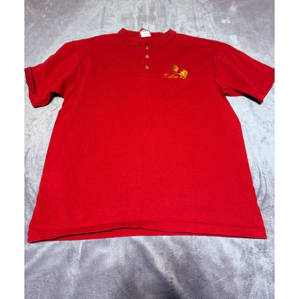 Disney Designs Small/Medium Red SS 1/4 Button T Shirt Single Stitch Pooh Kelly